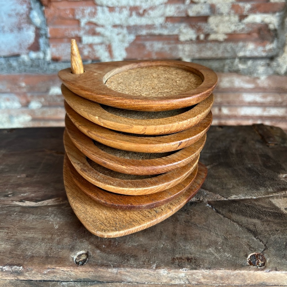 MCM Vintage SERE Hand Carved Coasters 1960’s Japan set of 6 Hardwood Cork Inlay